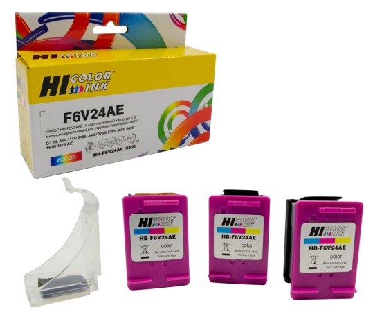 Набор Hi-Black (F6V24AE) №652 (1 адапт. картридж+ 3 сменных чернильницы) для HP DJ1115/3636, Color